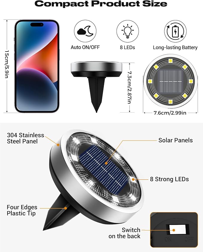 btfarm 4 Pack Solar Lights Outdoor, 8 LED Solar Ground Lights IP65 Waterproof Flat Solar Disc Light, Pathway Lights for Garden Lawn Patio Yard Path Landscape, Cool White