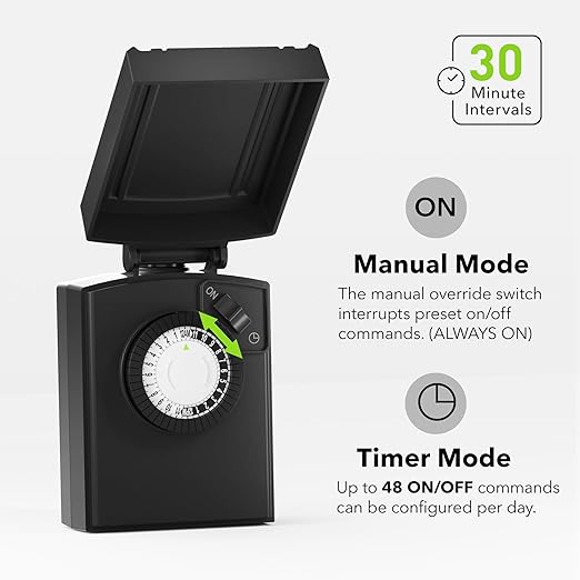 BN-LINK 24 Hour Heavy Duty Mechanical Timer, Outdoor Timer Outlet Waterproof with 30 Minutes Intervals, 2 Grounded Outlets for Christmas Lights Pool Pump,15A 1/2HP, ETL Listed（4 Pack）