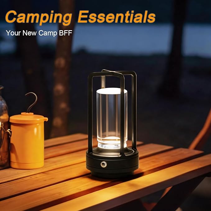 Cordless Table Lamp Rechargeable, Battery Operated Crystal Lamp, Stepless Dimming Touch Control, 3 Color LED Bedside Night Light for Bedroom, Dining Room, Outdoor Camping, Black (2 Pack)