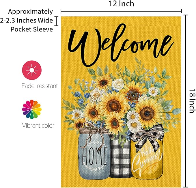 CROWNED BEAUTY Summer Garden Flag Sunflowers Mason Jars 12x18 Inch Double Sided Small Yellow Floral Seasonal Holiday Decoration for Outside Yard