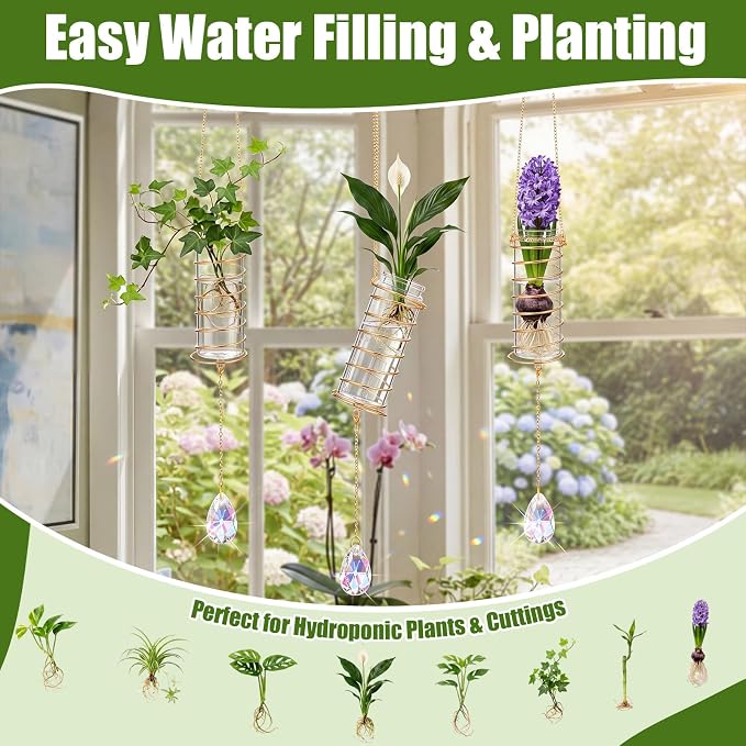 Sieral 3 Set Hanging Propagation Stations with Crystal Suncatchers Glass Propagation Station Planters with Metal Chain for Indoor Wall Hydroponic Propagated Plant Holder Home Decor Gift for Women