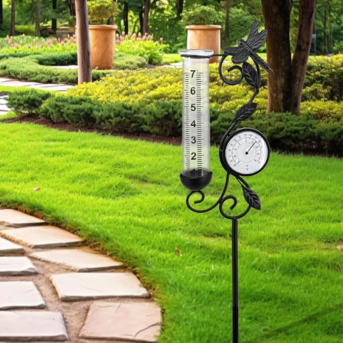 Rain Gauge Outdoor, Black Dragonfly Rain Gauge with Thermometer for Measuring Precipitation, Garden Decoration,Yard Garden Patio Lawn (Black Dragonfly)