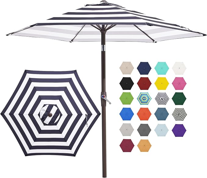 JEAREY 7.5FT Patio Umbrella Market Table Umbrella with 6 Sturdy Ribs, Push Button Tilt/Crank Outdoor Umbrella for Garden, Deck, Backyard, Pool, Black & White Stripe