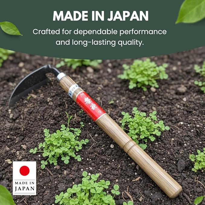 Hounen Miyawaki Nejiri Kama Weeder – Japanese Weeding Sickle, Twisted Stainless Steel, 4.7 in (12 cm) Blade, 13 in (33 cm) Wood Handle, Root Slicer for Garden Beds & Crabgrass, Made in Japan