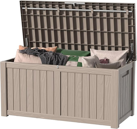 150 Gallon Outdoor Storage Box Waterproof, Resin Lockable Deck Box with Lid, Large Capacity Weatherproof Container for Patio Furniture Pool Accessories, Cushions(Grey, 150 Gallon)