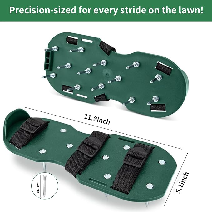 The Lawn Aerator Shoes for Grass, Epoxy Spiked Shoes with 1.65'' Sharp Short Spikes, Garden Grass Loosening Spike Shoes for Epoxy Flooring, 6 - Shoelace Design (Green, 11.8'' x 5.1'')