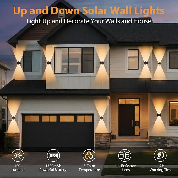 8PACK Solar Sconce Lights Outdoor,3000/4000/6000K 3 Modes Up and Down Solar Wall Lights Dusk to Dawn Lighting IP65 Waterproof Solars Lights Outdoor for Exterior Front Porch Garage Fence Patio Yard