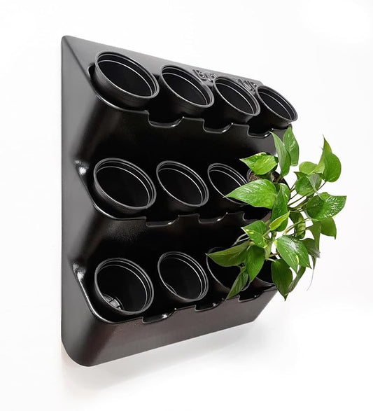 BOXSAND-12 Vertical Wall Planter (24"x26", Black with Black Pots) – Living Wall for 12 Plants, Indoor/Outdoor Vertical Garden System, Easy 2-Screw Install