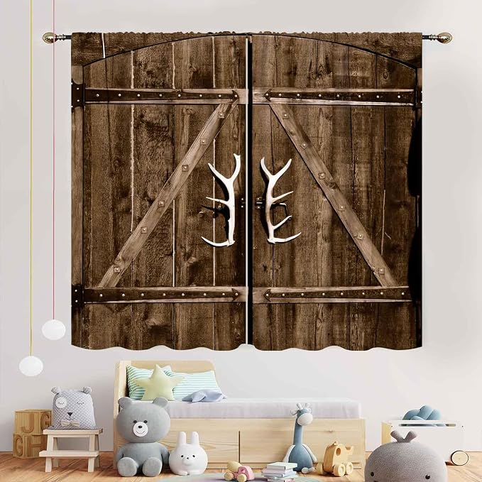 Rustic Barn Door Curtains, Farmhouse Wooden Barnwood Brown Garage Gate Cottage Country Western Style Window Treatments Drapes for Bedroom Living Room Kitchen 2 Panels, 63"x63" Inch