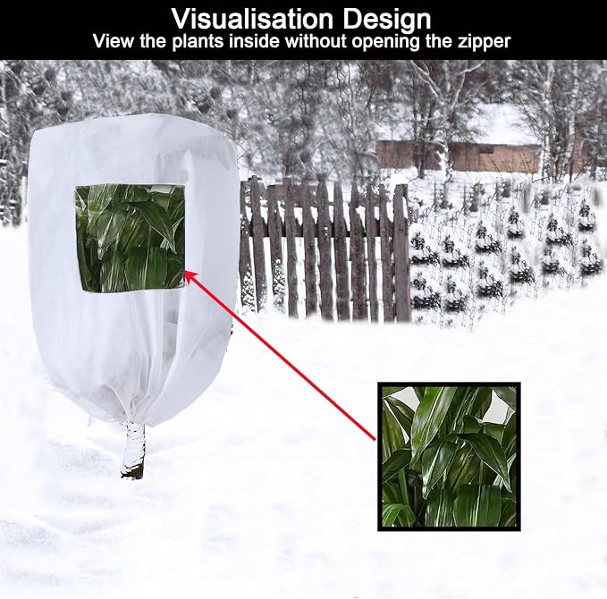 CMINGJ Plant Frost Protection Covers with Viewing Window, 47.2" x 70.8", 2.06oz/yd², Reusable Drawstring Tree Cover, Winter Tree Blanket with Zipper for Outdoor Plants, Frost Protection Cloths(2 Pack)