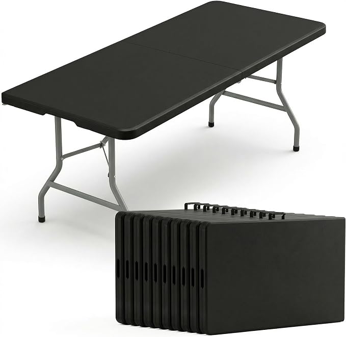 10 Pack of 6 Foot Foldable Table with Built in Handle & Steel Legs, 6FT Portable Heavy Duty Plastic Folding Tables for Parties, Dining, Wedding, Events, Picnic, Indoor & Outdoor, Camping, Utility