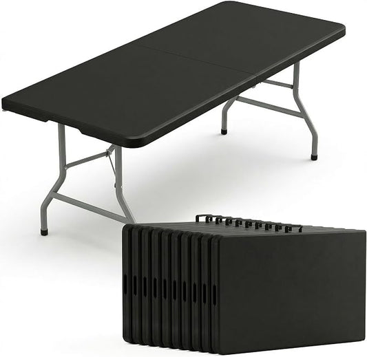 10 Pack of 6 Foot Foldable Table with Built in Handle & Steel Legs, 6FT Portable Heavy Duty Plastic Folding Tables for Parties, Dining, Wedding, Events, Picnic, Indoor & Outdoor, Camping, Utility