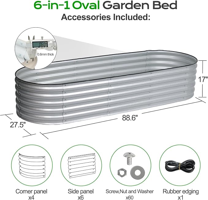 Aoodor 17" Tall Oval Galvanized Raised Garden Bed Kit, 6-in-1 Large Metal Outdoor Planter Box for Vegetables, Flowers, and Herbs, 7.5 x 2.3 x 1.5 Ft, Silver