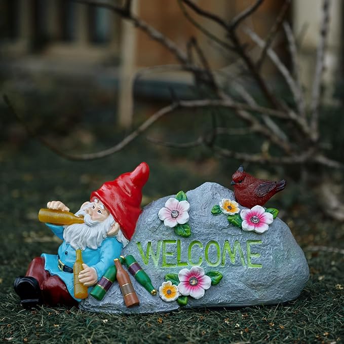Funny Garden Gnomes Statue with Welcome, Solar Outdoor Gnomes Decorations for Yard, Patio, Lawn, Christmas Birthday Housewaming Gifts, for Dad, Men, Husband, Grandpa, 11.8 Inch, Resin