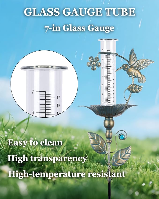 shumi Rain Gauge Outdoor Hummingbird, Upgraded Glass Rain Gauge Outdoors Best Rated, Freeze Proof Adjustable Height Rain Gauges for Yard Garden Decor, Gardening Gifts for Women