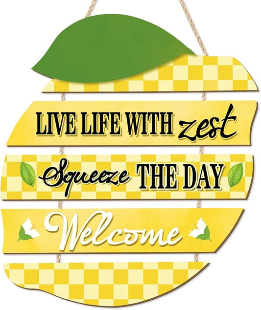 HOURIA Summer Lemon Welcome Front Door Sign Hanging(11.4"x11.5"), Checkered Lemon Wreath Rustic Wooden Wall Decor,Funny Welcome Decorations for Classroom Porch Home Kitchen,Housewarming Gift
