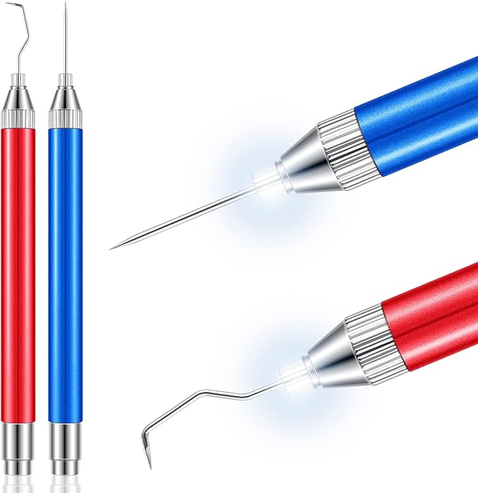 Therwen 2 Pcs LED Weeding Tools for Vinyl with Light Pin Hook Lighted Weeding Pen for Removing Iron on Tiny Vinyl Paper Silhouette Cutting Machines Supply(Red, Blue)