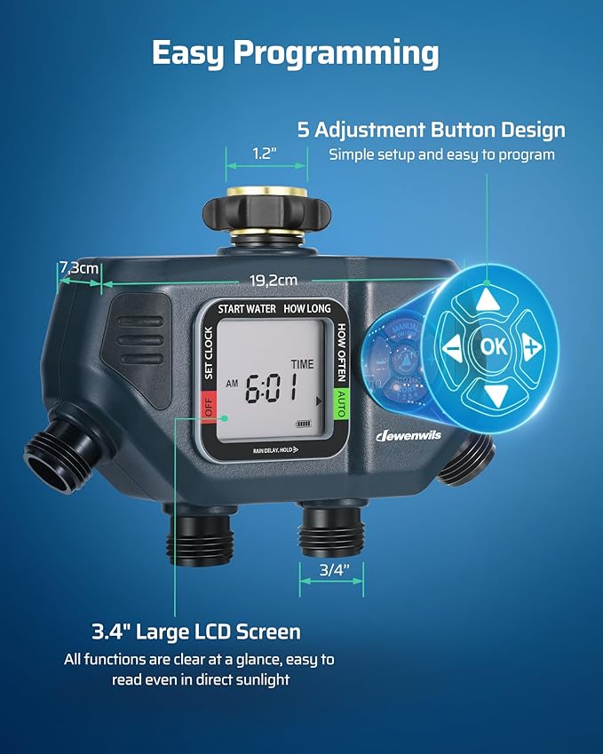 DEWENWILS Sprinkler Timer 4 Zone, Water Timer for Garden Hose with Rain Delay/Manual/AUTO Irrigation, Programmable Outdoor Faucet Hose for Yard, Lawn