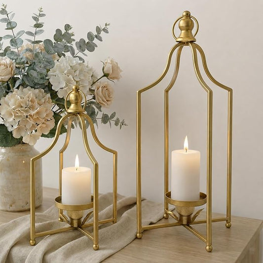 12.5" & 16.5" Timeless Cozy Decorative Lanterns Set of 2, Handcrafted Metal Iron Candle Holders, Farmhouse Elegance Fireplace Mantel Table Festive Gatherings Decor (Antique Gold)