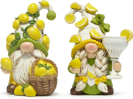 Hodao Lemon Gnome Set – with Lemon-Covered Hats, Basket & Goblet, 2PCS Hand-Painted, Cute Summer Kitchen & Shelf Decor, Indoor Home/Party Accents, Adorable Gift