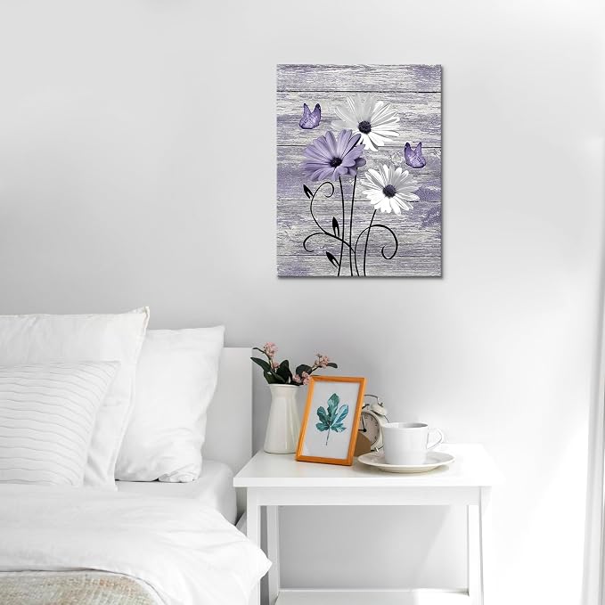 MYUSRE Vintage Floral Purple Canvas Wall Art Farmhouse Daisy and Butterfly on Wooden Pictures Wall Decor Country Wildflower Framed Wall Art for Living Room Bedroom Bathroom Home Decor, 20L X 16W inches