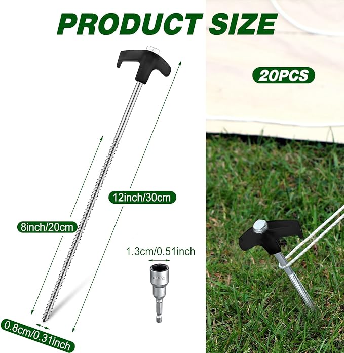 Hicarer 20 Pcs 12 Inch Tent Stakes Screw in Camping Stakes Heavy Duty Metal Spikes Ground Anchor Peg Threaded Tent Spikes with Hex Head Driver for Camping Garden Inflatable (Black)