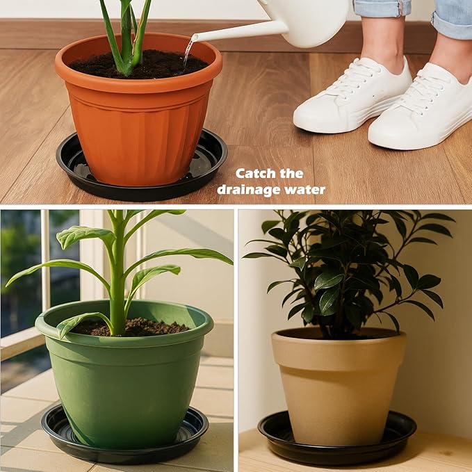 20 Packs 4 Inches Small Black Plant Saucers for Indoor Outdoor Use Heavy Duty Plastic Plant Trays for Planter Bulk Flower Pot Drip Trays to Catch Water, 4 to 20 Inch