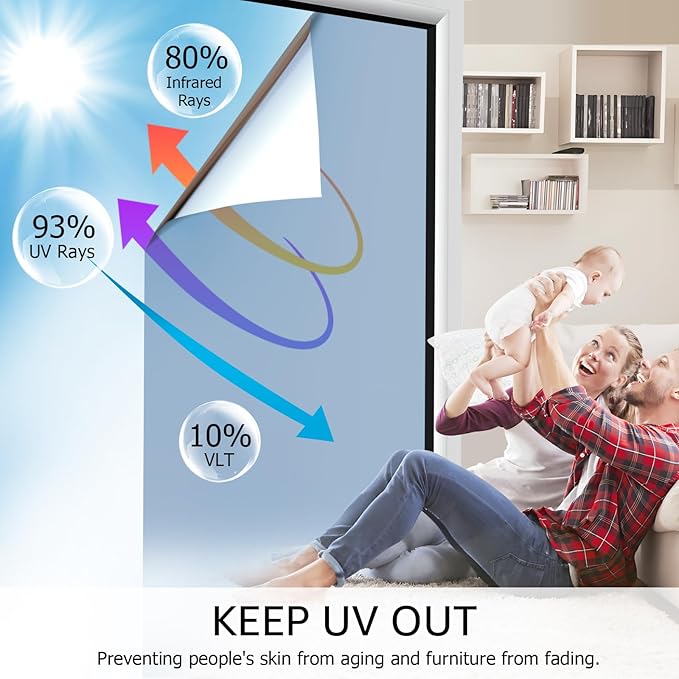 HIDBEA One Way Mirror Window Film ,Daytime Privacy Sun Blocking Reflective Window Film Static Cling Heat Control Window Tinting Film for Home and Office, Blue Silver, 35.4 x 196.8 Inch