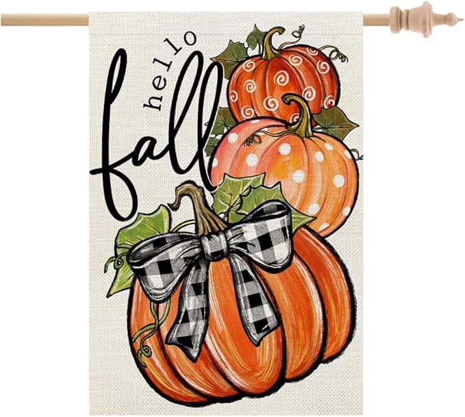 CROWNED BEAUTY Fall Welcome Pumpkins House Flag for Outside 28x40 Inch | Weather resistant, double-sided Large yard flag. Features three pumpkins for outdoor seasonal fall decor