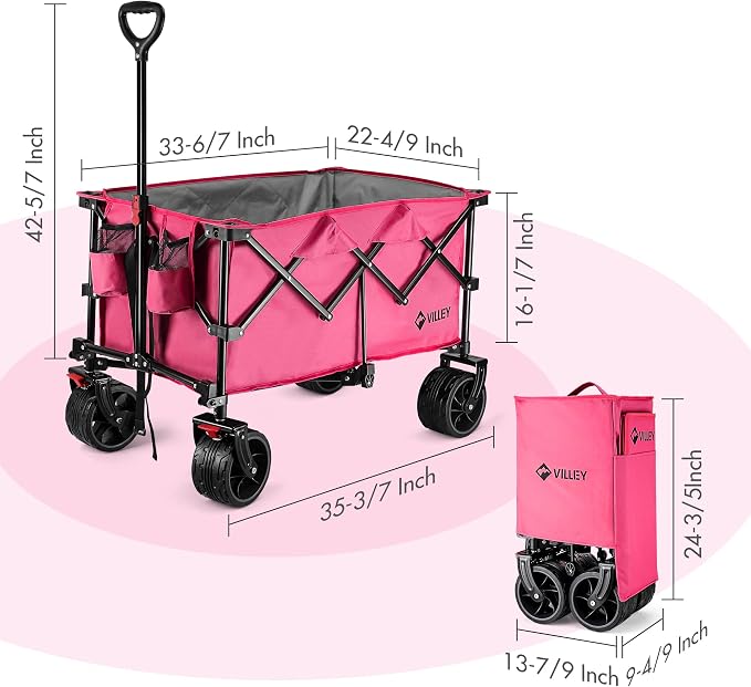 VILLEY Collapsible Folding Wagon with Big Wheels, Enlarged 225lbs Capacity, All Terrain Wagons Carts Heavy Duty Foldable, Portable Utility Garden Cart with 2 Cup Holders and Brake, Pink.