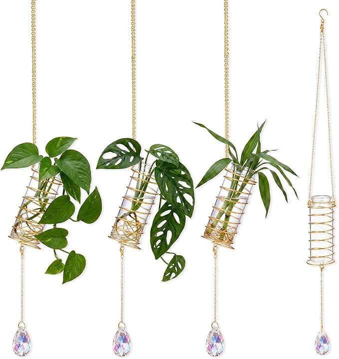 Sieral 3 Set Hanging Propagation Stations with Crystal Suncatchers Glass Propagation Station Planters with Metal Chain for Indoor Wall Hydroponic Propagated Plant Holder Home Decor Gift for Women