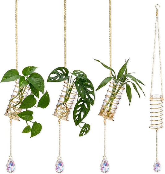 Sieral 3 Set Hanging Propagation Stations with Crystal Suncatchers Glass Propagation Station Planters with Metal Chain for Indoor Wall Hydroponic Propagated Plant Holder Home Decor Gift for Women