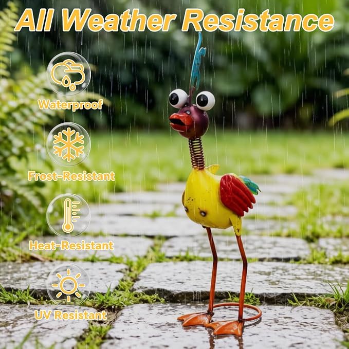 Metal Wacky Rooste Garden Statue, 20‘’ Rooster Decor Yard Statue Decorations Outdoor, Chicken Yard Art for Outside, Patio, Backyard, Lawn (Gold)