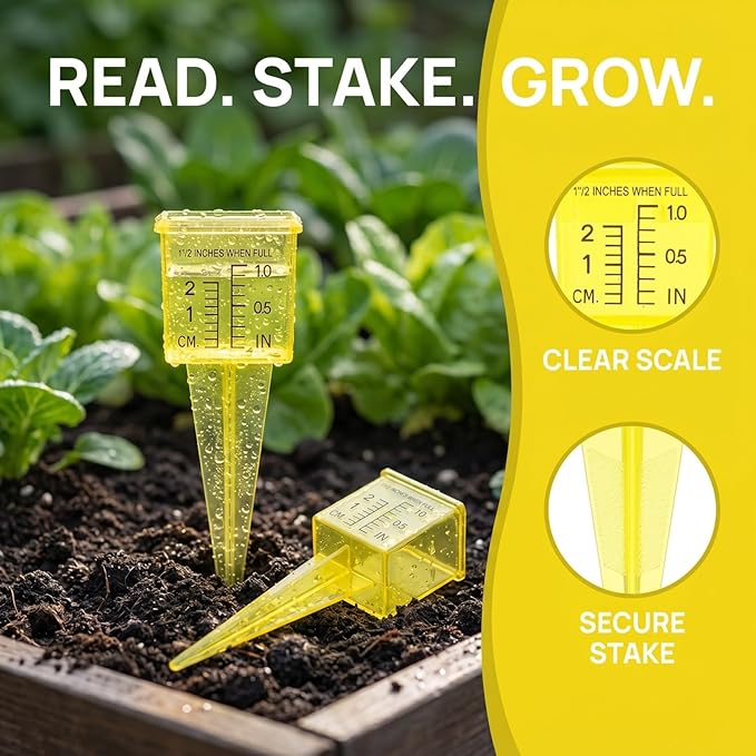 Housoutil 2Pcs Rain Gauge Sprinkler Outdoor, 1.5 Inch Lawn Water Gauge, Measuring Tool for Accurate Rainfall Monitoring, Yellow Precision Measuring Cups for Garden Yard and Grass Watering