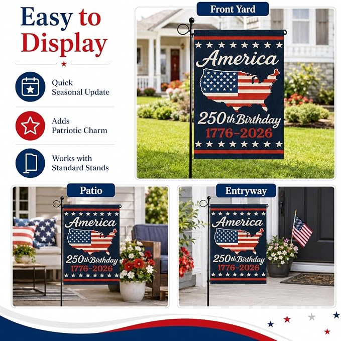USA 250th Anniversary Garden Flag 12x18 Double-Sided, Patriotic Outdoor Yard Decor 1776-2026 for 4th of July Independence Day, Summer Outside Porch Decorations