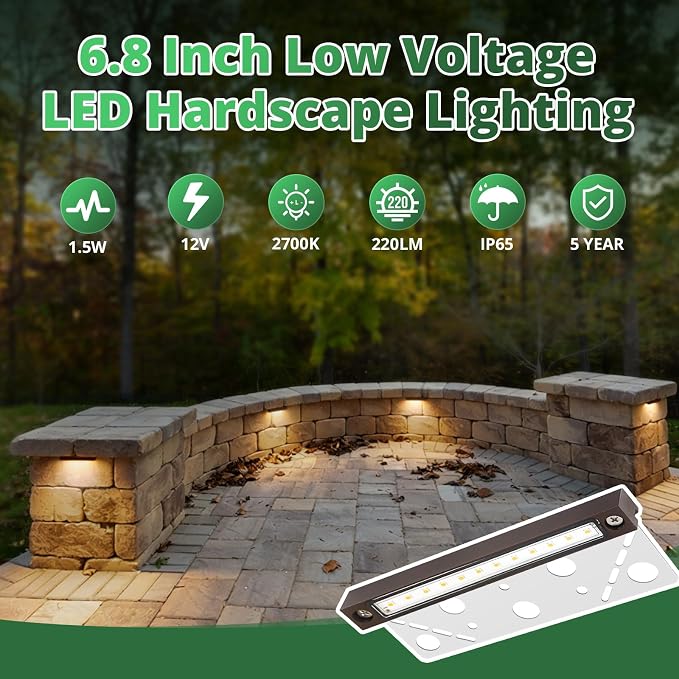 GKOLED 8 Pack 6.8 Inches LED Hardscape Lights, Low Voltage Retaining Wall Light Waterproof, 12V AC/DC Landscape Lighting, 1.5W 2700K, Classic Step Lights Outdoor, Die-cast Aluminum Housing