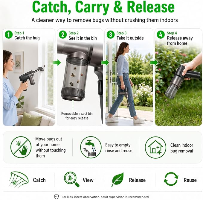 2026 Bug Vacuum Catcher,Cordless Handheld Spider&Insect Catcher with Strong Suction,USB Rechargeable Bug Sucker for Stink Bugs,Moths,Cockroaches,Flies,Indoor Home Car Kitchen Use,Safe for Kids&Adults