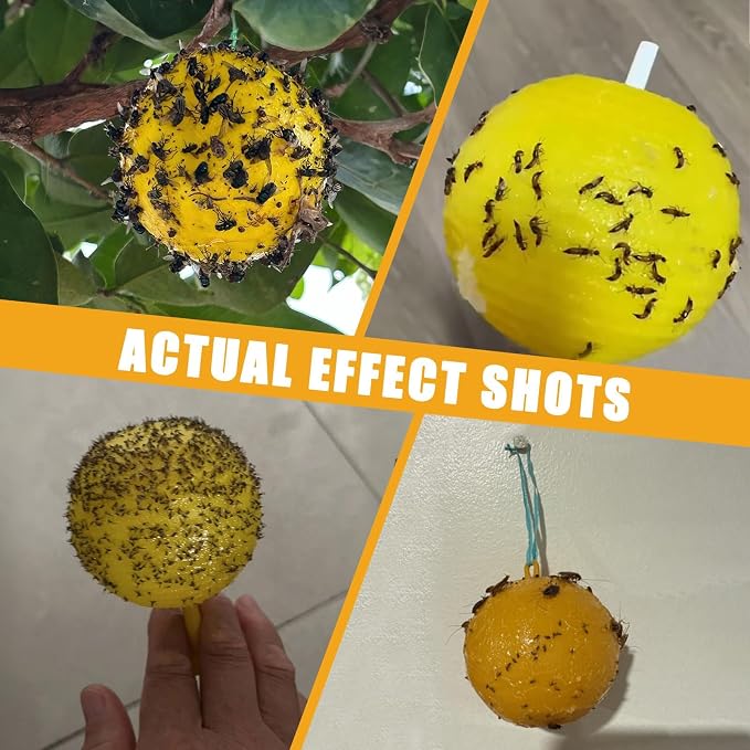 Upgraded Sticky Hanging Ball with Base 6 Pack, Osseph Fruit Adhesive Balls Sticky Balls for Indoor Outdoor Garden Use (Yellow)
