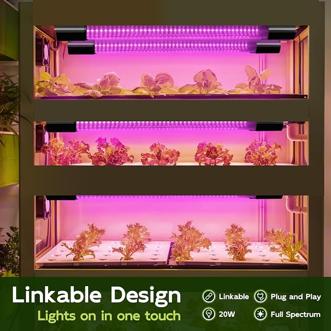 Hlite 16inch 2 Pack LED Grow Lights - Linkable Grow Lights for Indoor Plants, Full Spectrum Plant Lights Plug and Hanging with On/Off Switch Hanging Grow Light Seedling to Flowering, Pinkish White