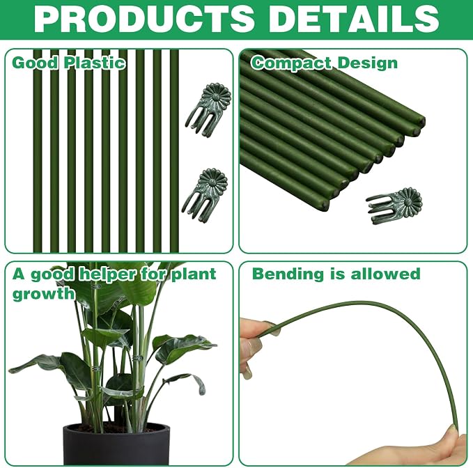 50Pcs Plant Stake Clip Set Green, Plant Sticks Supplies Support Tall, Useful Support Clips, Fine Workmanship Allow Bending Suitable for Various Plant Pots Indoors and Outdoors