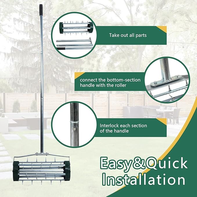 Heavy Duty Rolling Lawn Aerator - 3-Piece Steel Handle Push Spike Aerator for Garden & Yard, 57-Inch Manual Soil Aeration Tool for Grass Maintenance, Compacted Lawn Care