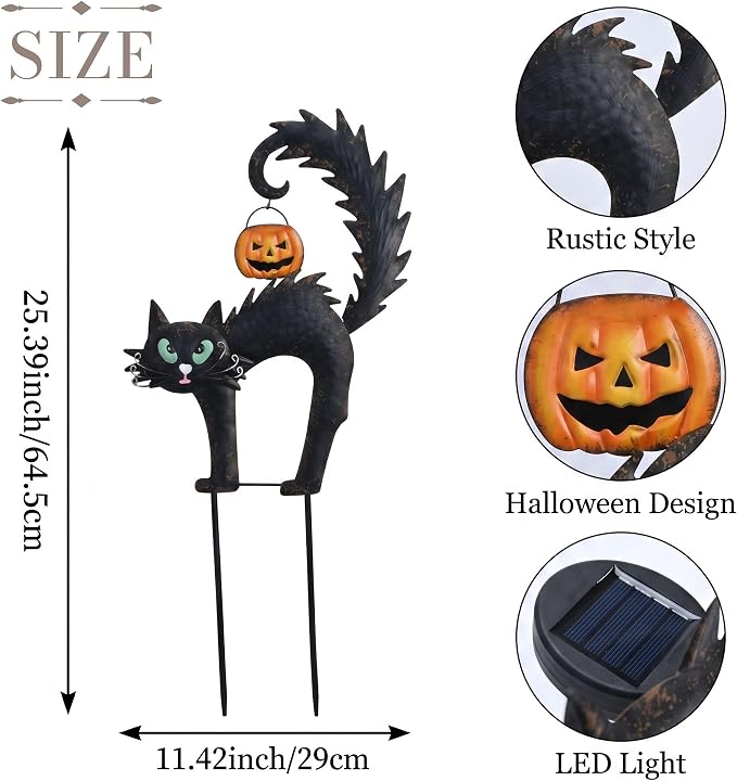 TERESA'S COLLECTIONS Halloween Garden Stake,Metal Black Cat with Jack-o'-Lantern Solar Light Decor,Spooky Yard Art Sign for Lawn Patio Porch,25"