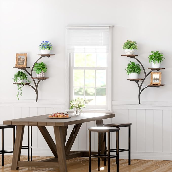 POZILAN Wall Planters for Indoor Plants, 2 Pack 8 Tiered Wall Mount Plant Holder, Sturdy Metal & Wood Hanging Planters for Living Room Window, Wall Plant Stand Indoor for Home Decor & Multiple Plants
