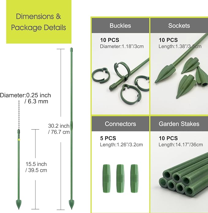RIFNY Plant Stakes for Indoor Plants, 14 Inch Plant Support Stakes with Clips, Tall Adjustable Plant Sticks for Indoor Monstera Tomato Orchid Potted Plants Flower (10 PCS, Green)