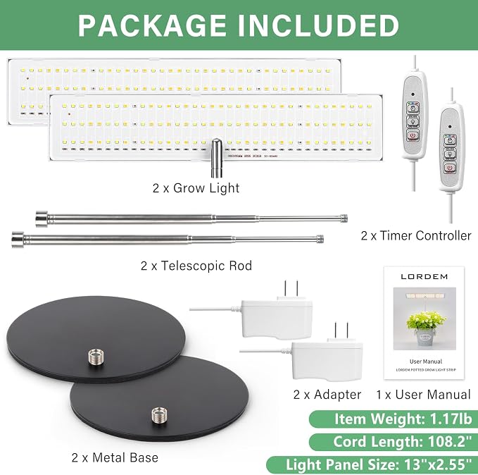 LORDEM Grow Light for Indoor Plant, Full Spectrum LED Plant Light, Height Adjustable Growing Lamp with Auto On/Off Timer 4H/8H/12H, 4 Dimmable Brightness, Ideal for Home Desk Plant Lighting, 2 Pack