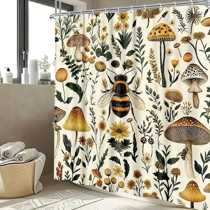 Rustic Boho Mushroom Shower Curtain, Vintage Chic Bee Mushroom Botanical Floral Farmhouse Cottagecore Aesthetic Shower Curtain Set with Hook, Fairy Witchy Plant Shower Curtain for Bathroom 72X84 Beige