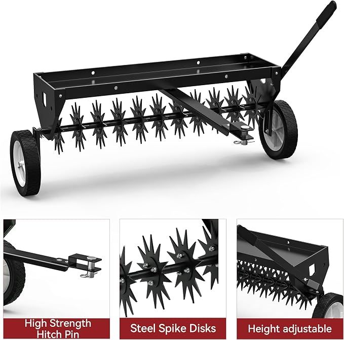 YITAMOTOR 40" Tow Behind Spike Aerator, Durable Lawn Aerator for Soil Penetrator with Transport Wheels & Galvanized Plug Coring Tines & Universal Hitch Tow Bar & Side Control Handle for ATV, Black