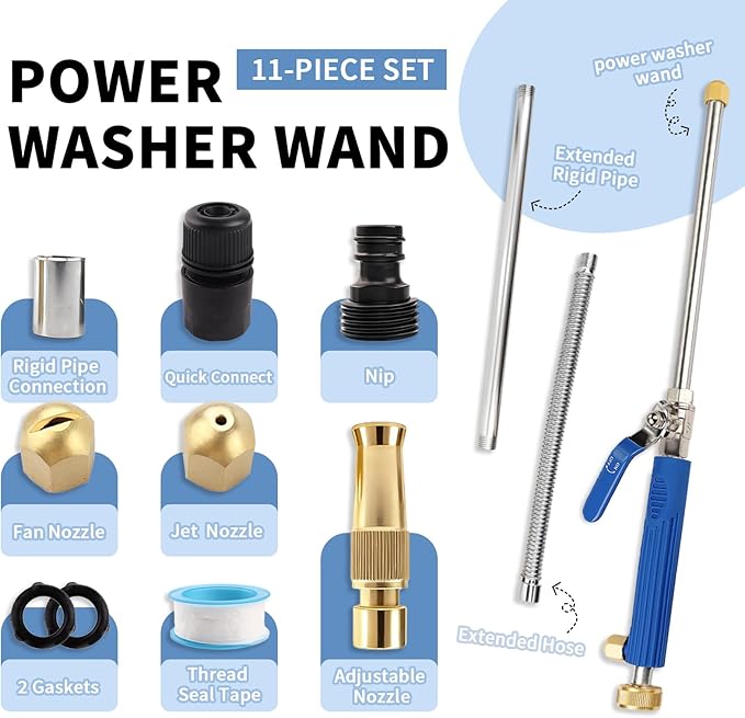 High Pressure Jet Hose Nozzle Attachment Wand，Power Washer Hydro Nozzle Attachment,Wand Lance for Gutter Patio Car Pet Window Glass Blue Extend