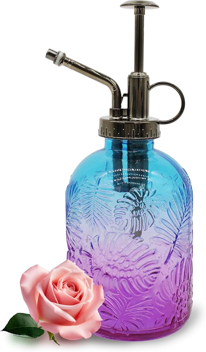 Glass Plant Mister Spray Bottle, 350ML Vintage Plant Spritzer, Succulent Watering Bottle Glass with Top Pump, Small Plants Sprayer Watering Can for Indoor (Blue Purple)