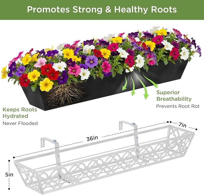 2 Pack 36 Inch Railing Planter Boxes with Adjustable Brackets & Non-Woven Liner, Deck Window Hanging Flower Box for Balcony, Fence, Patio, Outdoor Garden, Gray